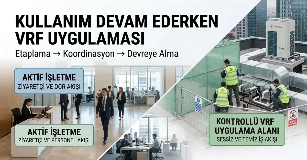 Kullanım devam ederken VRF uygulaması: bir yanda çalışmayı sürdüren ofis, diğer yanda ayrılmış ve kontrollü uygulama alanı