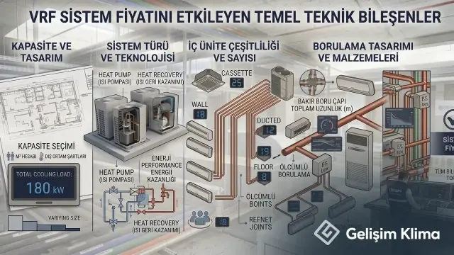 VRF klima fiyatını etkileyen kapasite, sistem türü, iç ünite seçimi ve borulama maliyet bileşenleri