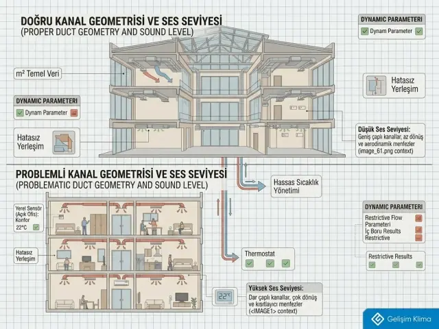 Kanallı klimada doğru ve problemli kanal geometrisinin hava akışı ve ses seviyesine etkisinin karşılaştırılması