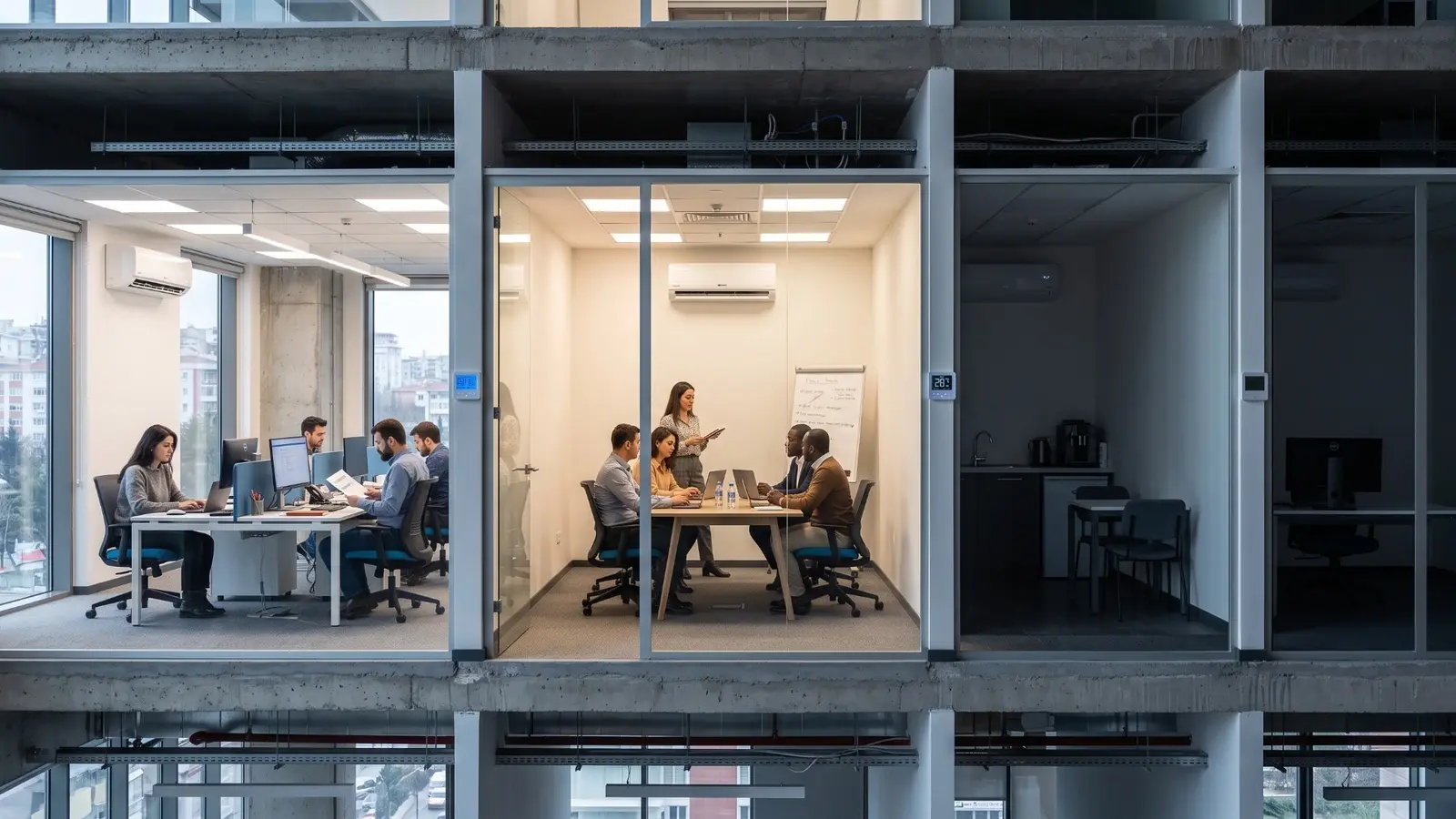 Farklı ofis bölümlerinde kişi yoğunluğu ve klima kullanımını gösteren ticari bina kesiti