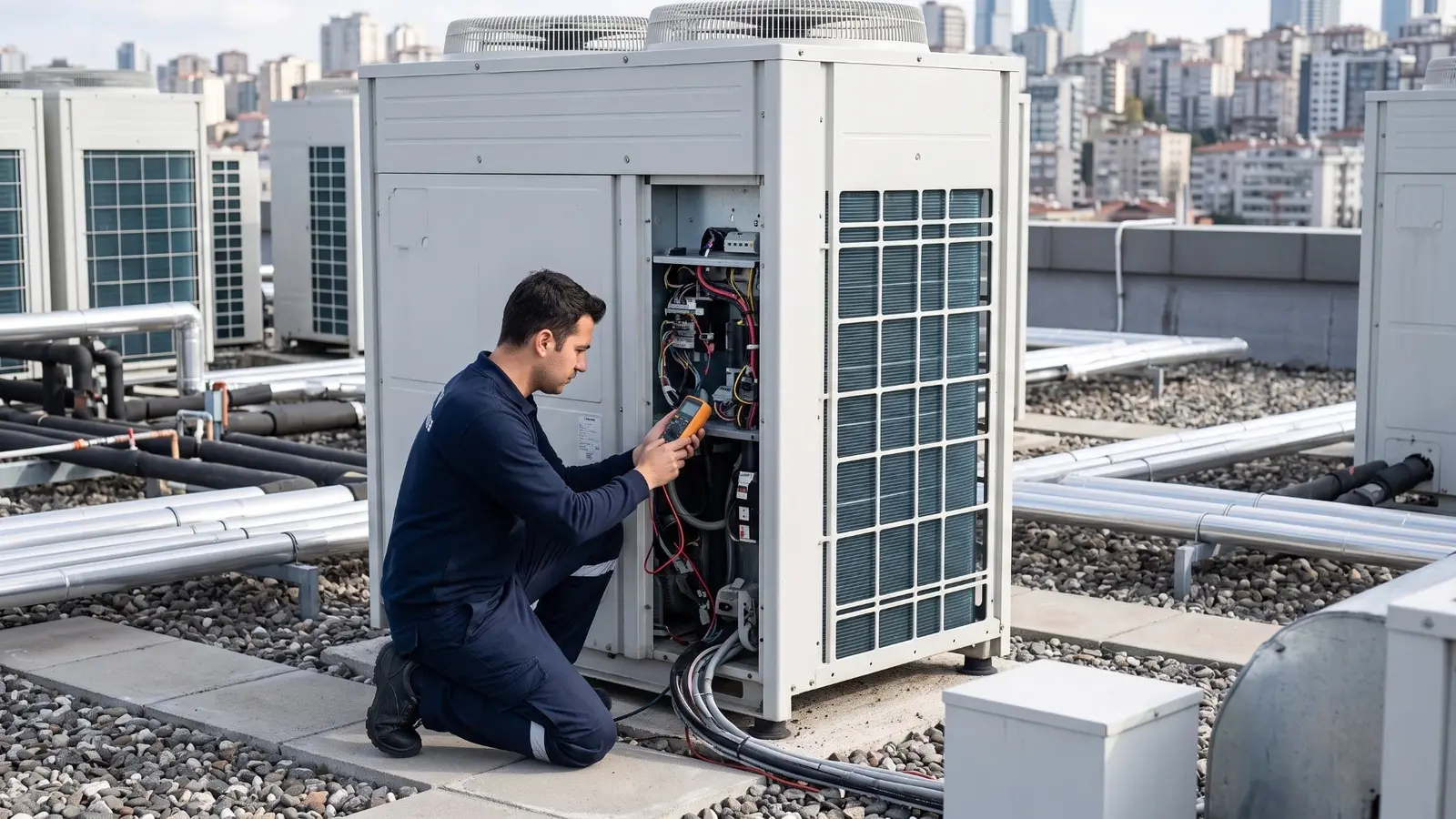 Teknisyenin VRF dış ünitesinin elektrik bileşenlerini ölçüm cihazıyla kontrol etmesi.