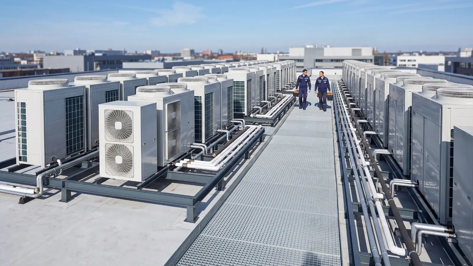 Çatıdaki VRF dış üniteleri arasında bakım için bırakılan geçiş alanı