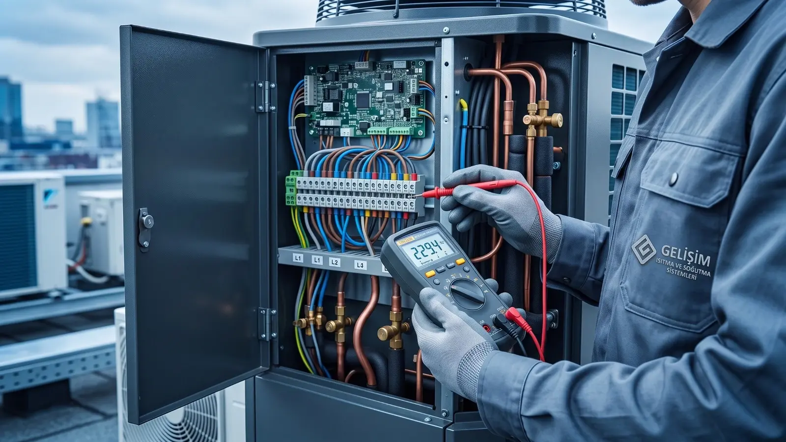 VRF dış ünitesinin açık elektrik panosunda ölçüm yapan teknisyen