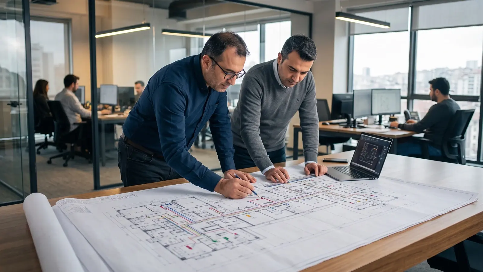 Mühendislerin mimari plan üzerinde VRF projesini değerlendirdiği çalışma toplantısı