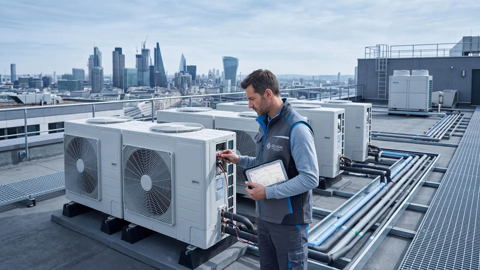 Teknisyenin çatıdaki VRF dış ünitelerini kontrol ettiği servis çalışması.