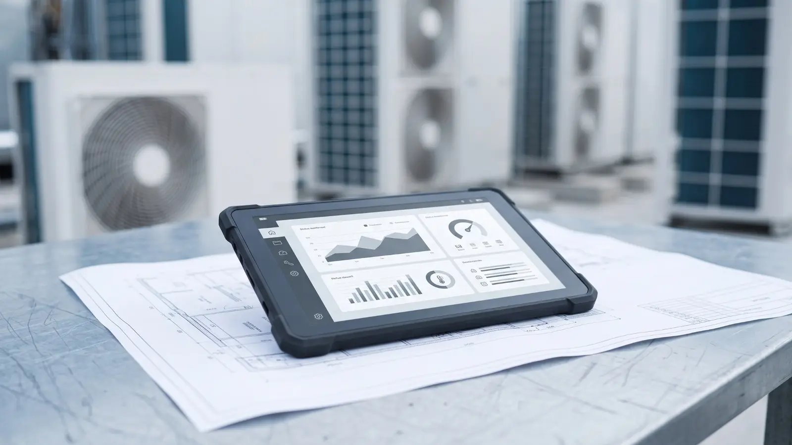 VRF dış ünitelerinin önünde servis raporu ve sistem verilerini gösteren tablet.