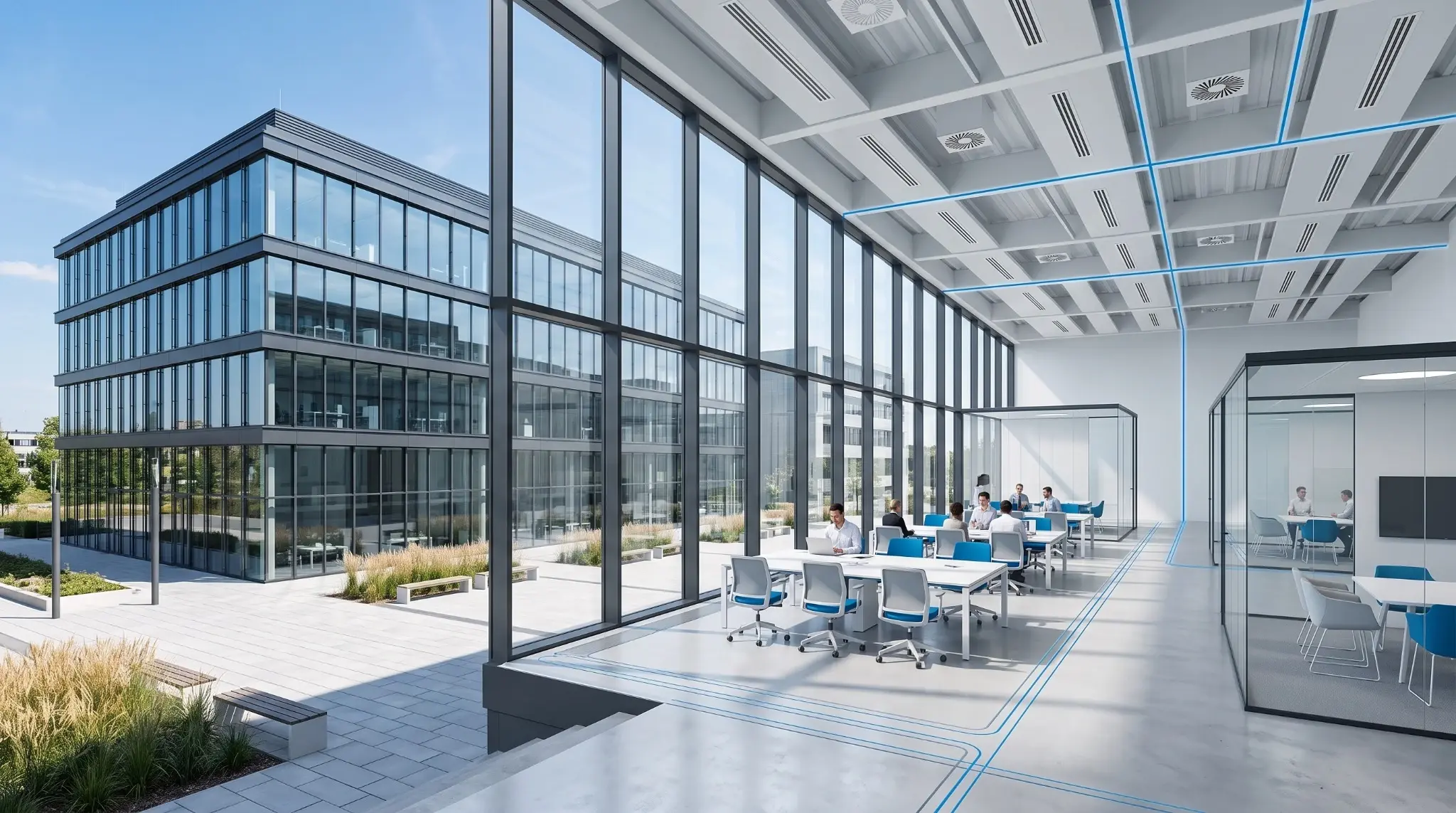 Cam cepheli modern plaza ve tavan tipi iklimlendirme üniteleri bulunan açık ofis.
